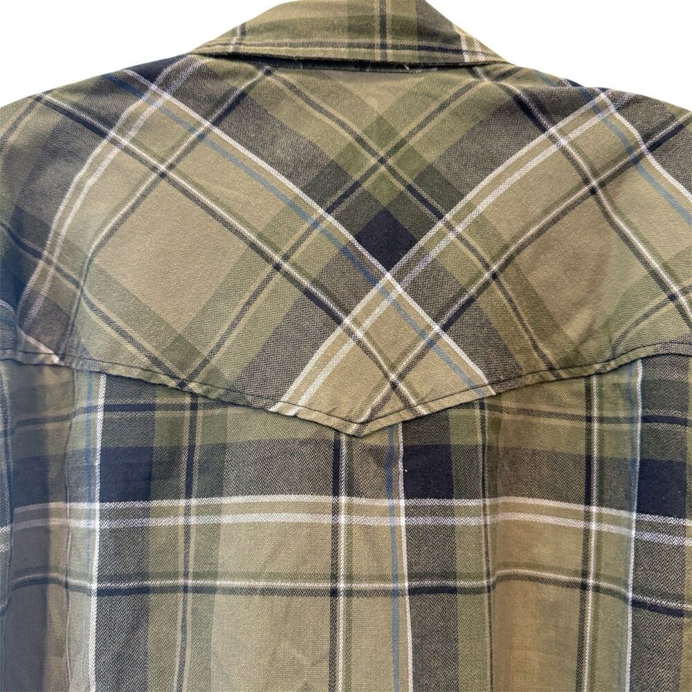 VTG Wrangler PearlSnap Mens Shirt XL Olive Green Plaid Brushpopper Western Rodeo - Picture 6 of 7